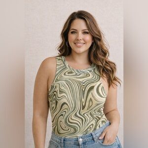 Haute Monde Marble Swirl Bodysuit NWT Size L Green Neutral Abstract Sleeveless